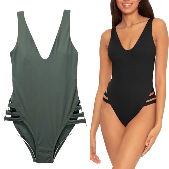 BECCA One Piece Swimsuit Size Medium Olive Green Fine Rib Strappy Cutout Swim - Picture 1 of 12